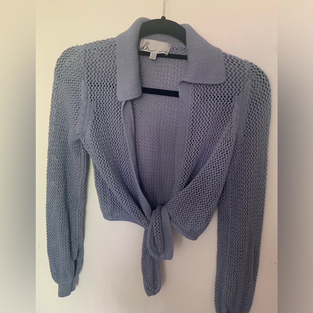 dh New York Crochet Tie Front Blue Sweater Size XS